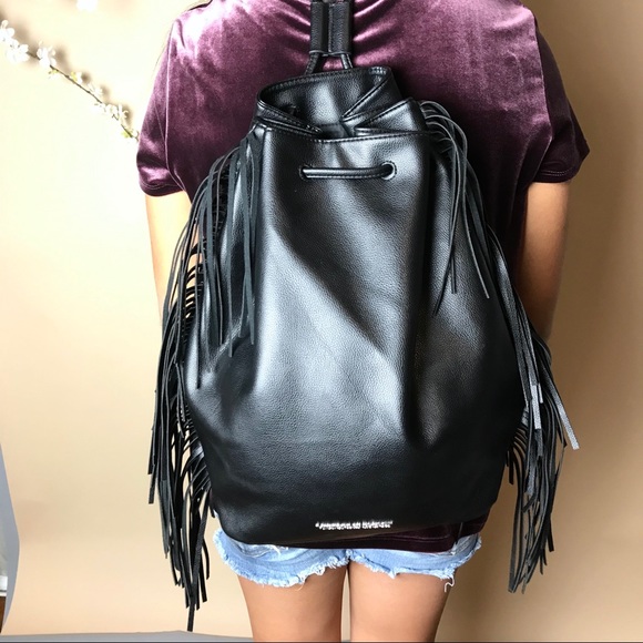 VS Faux Leather Drawstring Fringe Backpack Purse - Picture 2 of 6